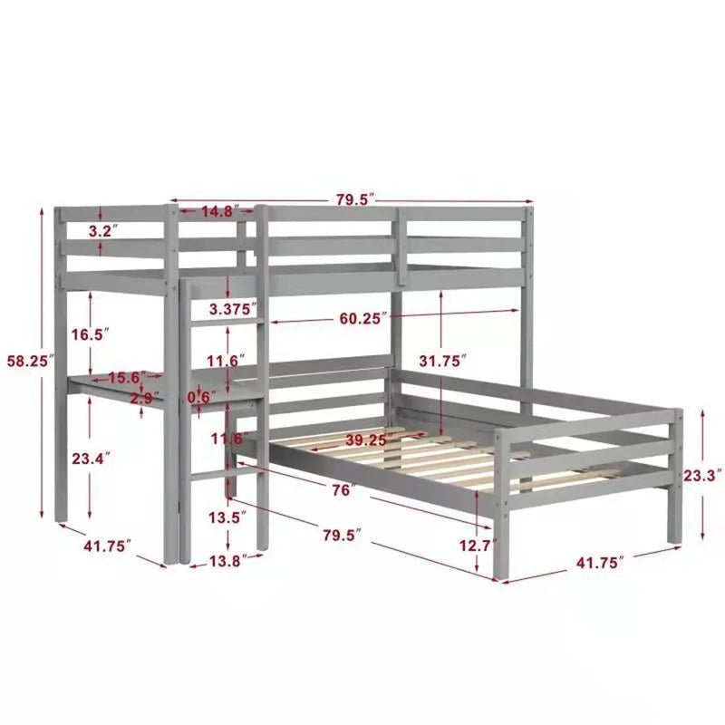 Twin over Twin L-shaped Bunk Bed with Desk, Gray