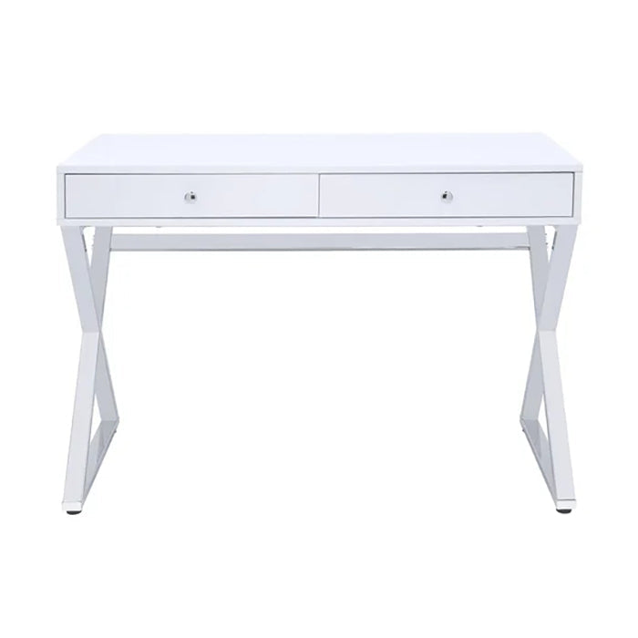 "X" Shaped Legs Writing Desk With Two Drawers, White & Chrome