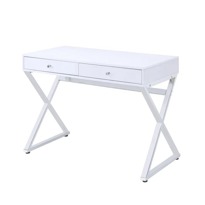 "X" Shaped Legs Writing Desk With Two Drawers, White & Chrome