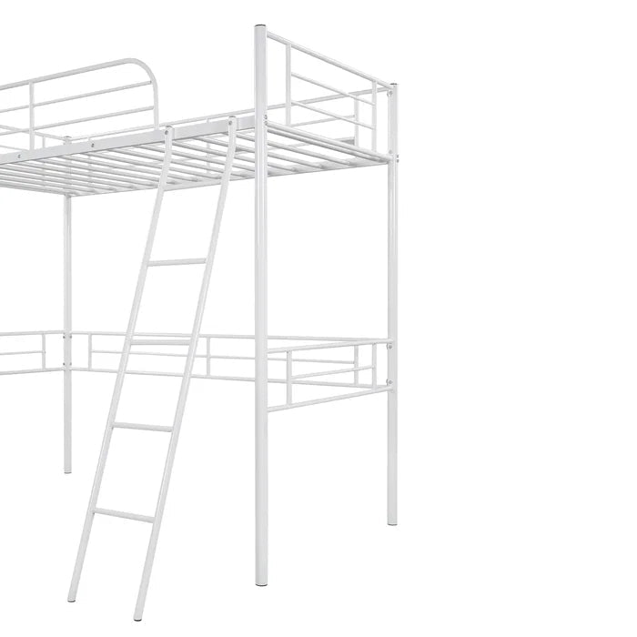 Metal Twin Loft Bed with Built-In Ladder, White