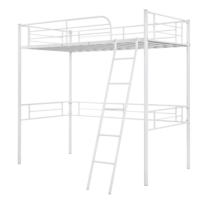 Metal Twin Loft Bed with Built-In Ladder, White