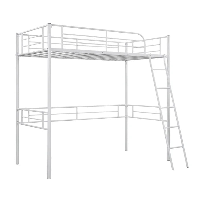 Metal Twin Loft Bed with Built-In Ladder, White
