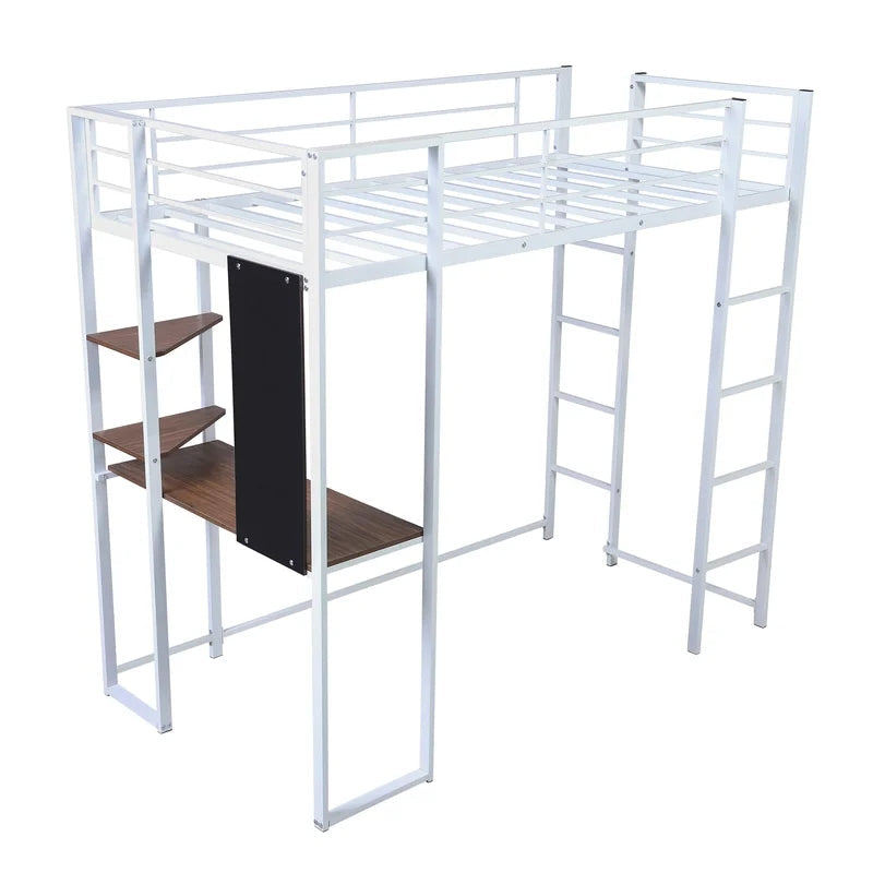 Twin Metal Loft Bunk Bed with Shelves and Desk, White