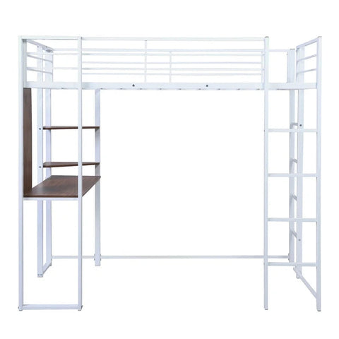 Twin Metal Loft Bunk Bed with Shelves and Desk, White