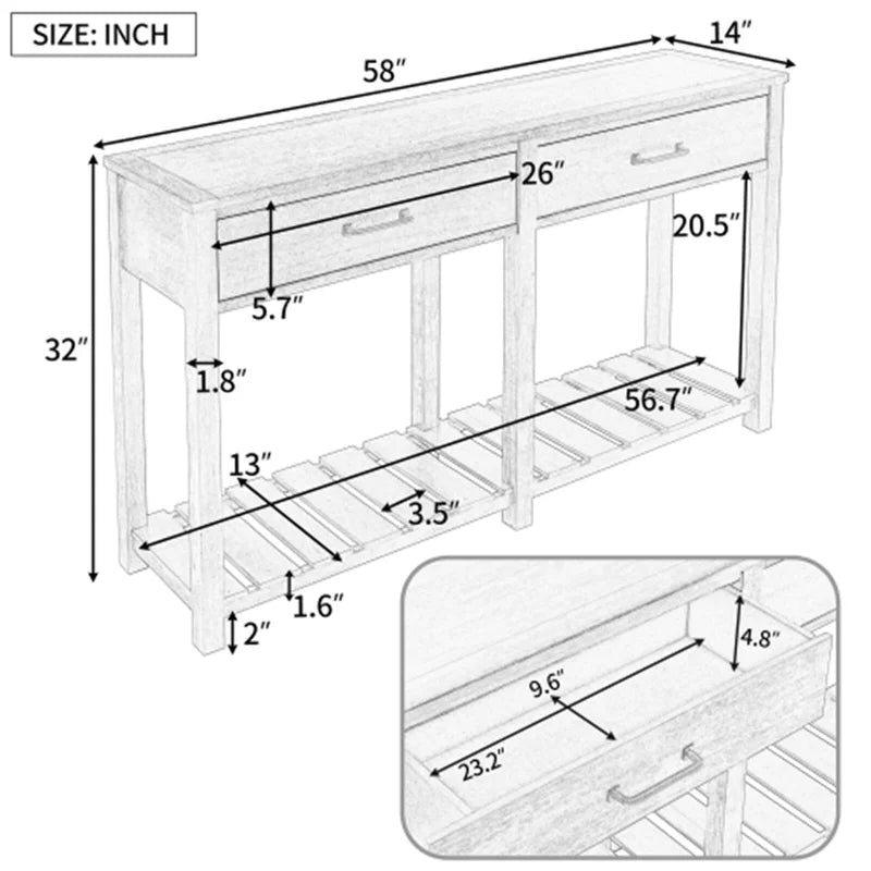 58 Inches Classic Solid Wood Console Table, Espresso