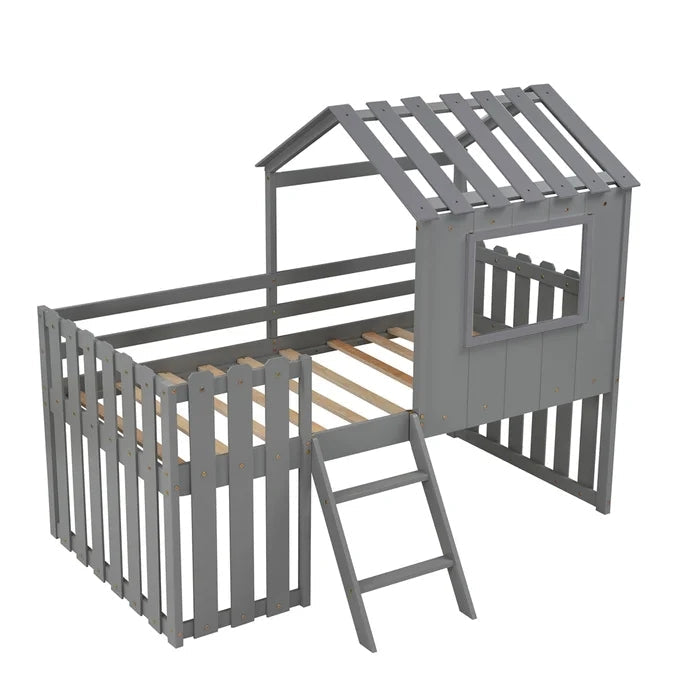 Loft House Bed with Rustic Fence-Shaped Guardrail, Gray