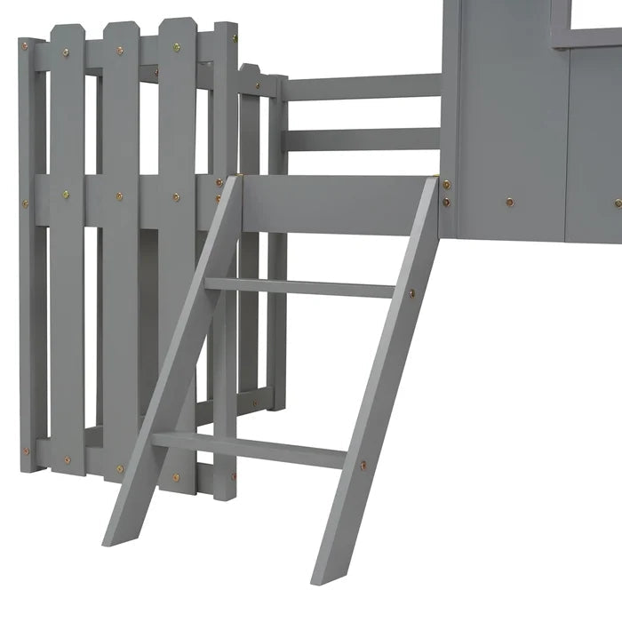 Loft House Bed with Rustic Fence-Shaped Guardrail, Gray