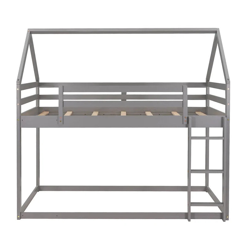 Twin over Twin Low Bunk Bed, House Bed with Ladder, Gray