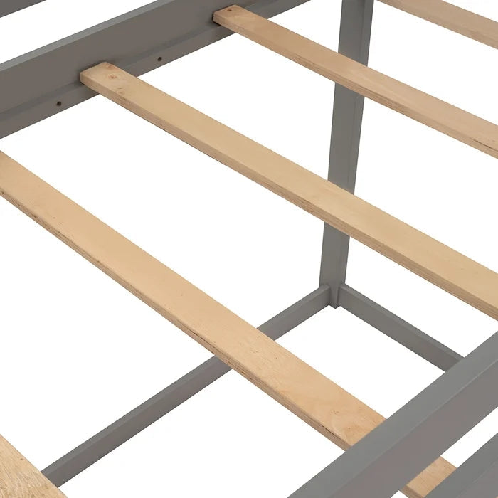 Twin over Twin Low Bunk Bed, House Bed with Ladder, Gray