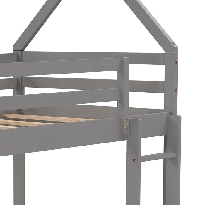 Twin over Twin Low Bunk Bed, House Bed with Ladder, Gray