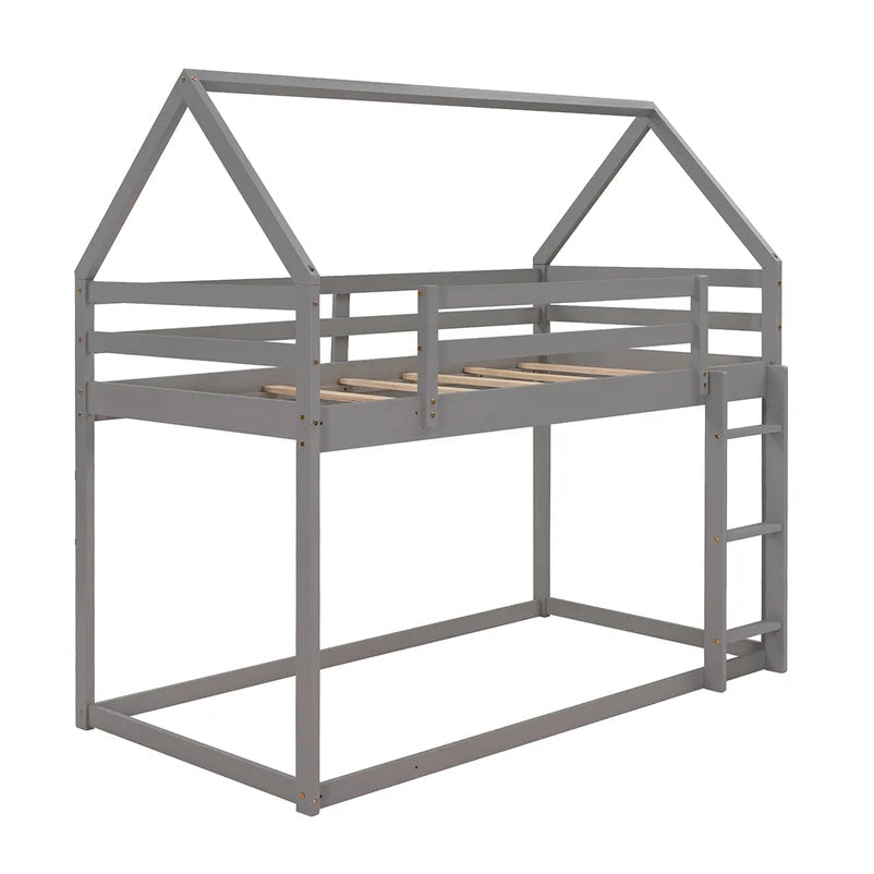 Twin over Twin Low Bunk Bed, House Bed with Ladder, Gray