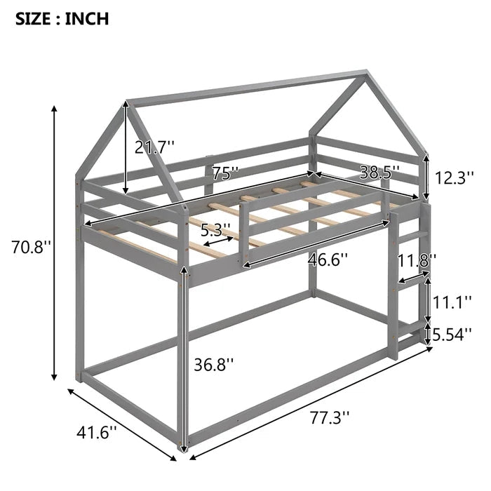 Twin over Twin Low Bunk Bed, House Bed with Ladder, Gray