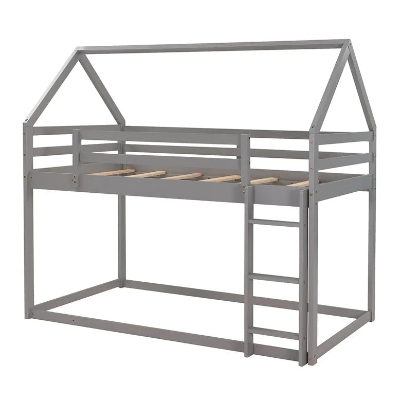 Twin over Twin Low Bunk Bed, House Bed with Ladder, Gray