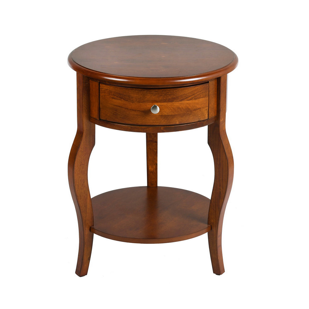 Mid-Century Round Side Table With Drawer Storage, Brown