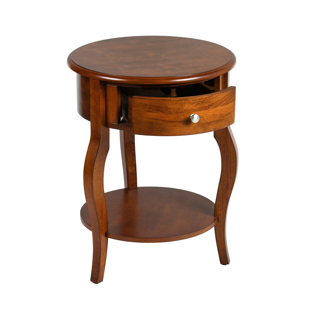 Mid-Century Round Side Table With Drawer Storage, Brown