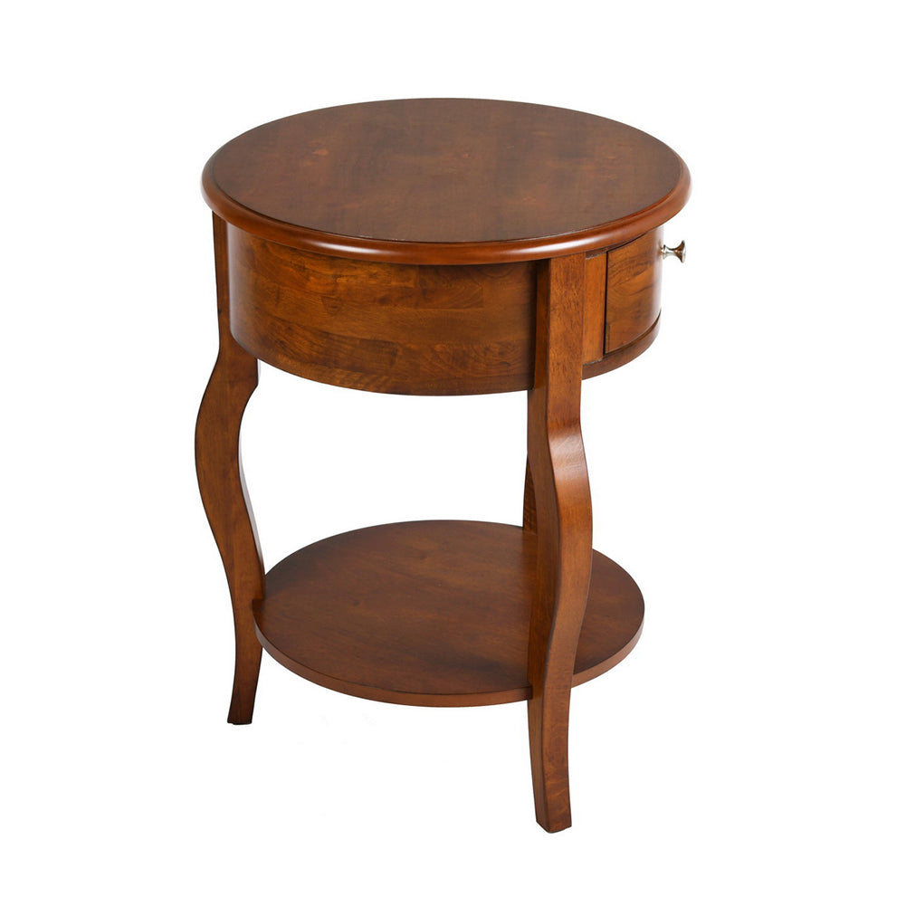 Mid-Century Round Side Table With Drawer Storage, Brown