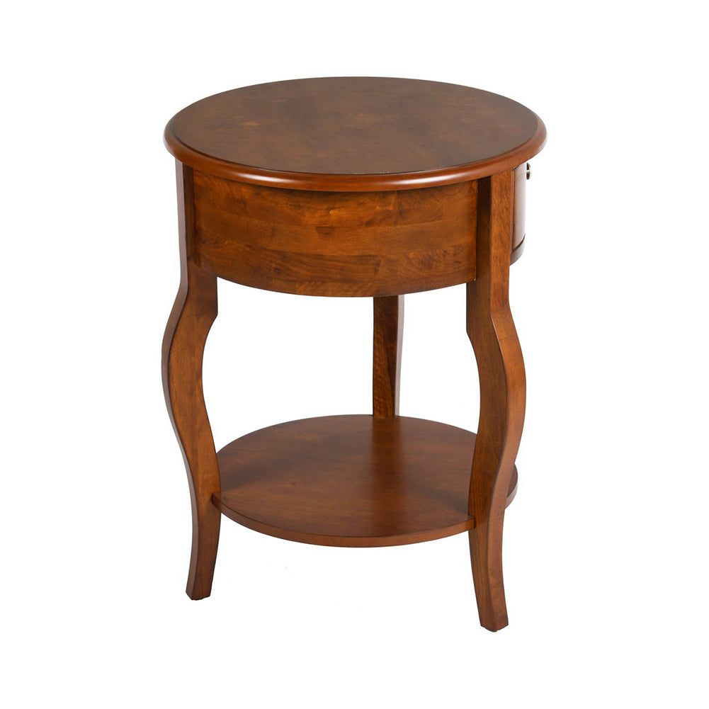 Mid-Century Round Side Table With Drawer Storage, Brown