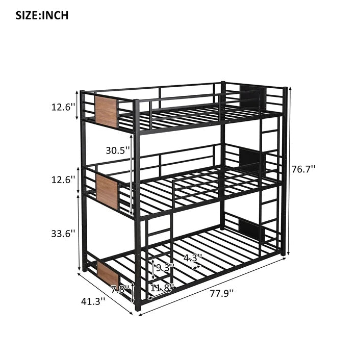 Metal Twin Size Triple Bunk Bed, Black