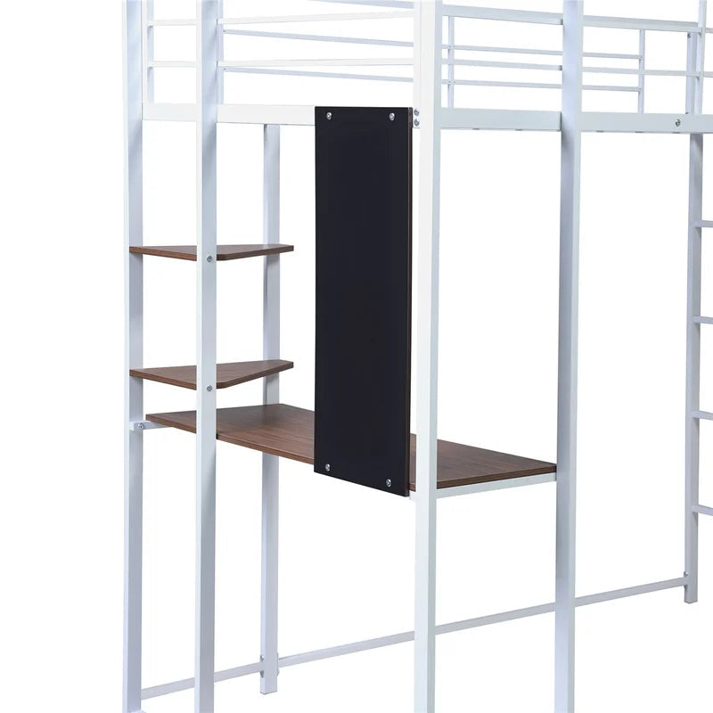Twin Metal Loft Bunk Bed with Shelves and Desk, White