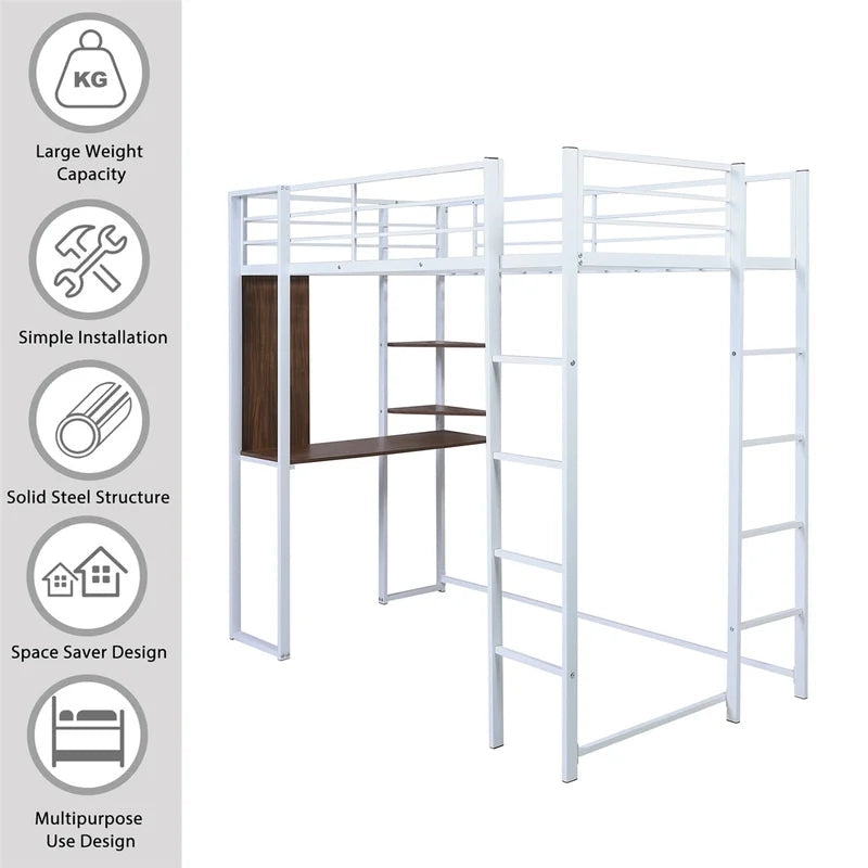 Twin Metal Loft Bunk Bed with Shelves and Desk, White