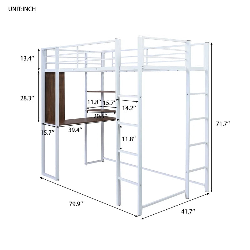 Twin Metal Loft Bunk Bed with Shelves and Desk, White