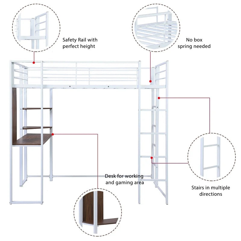 Twin Metal Loft Bunk Bed with Shelves and Desk, White