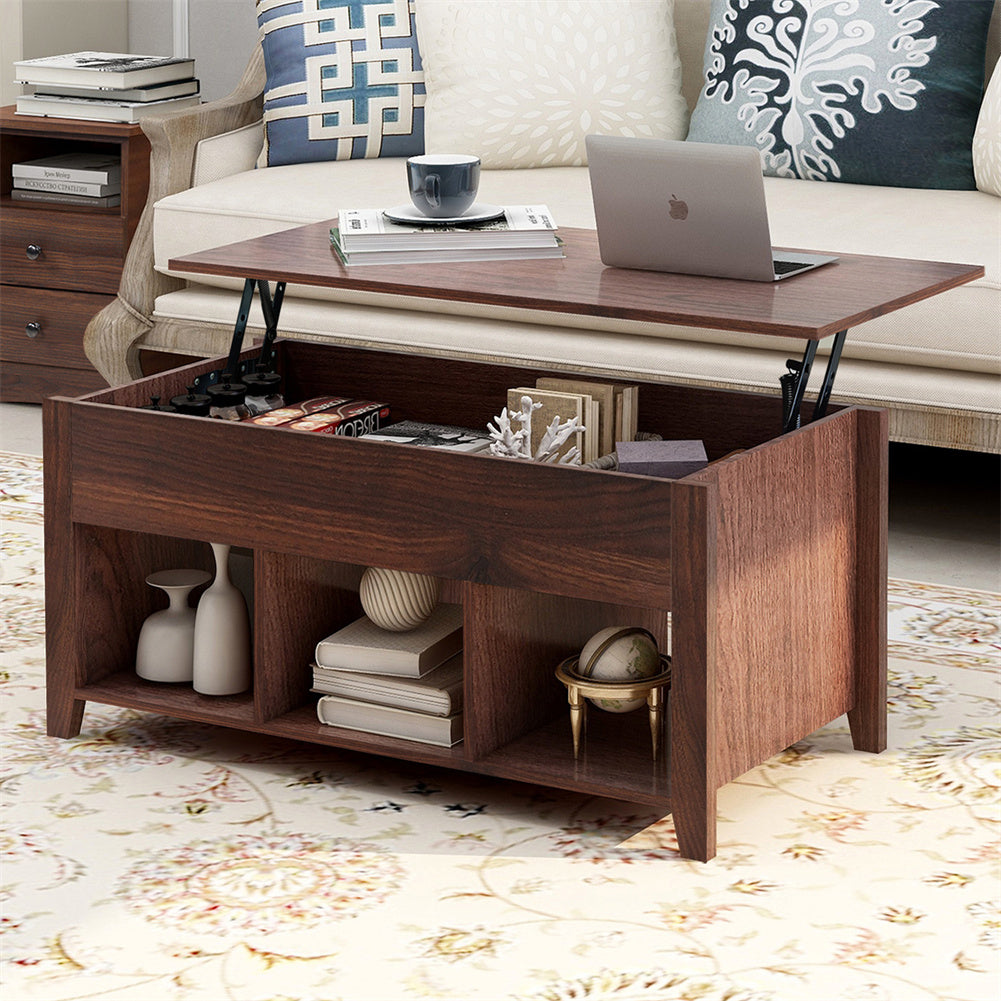 Lift-Top Coffee Table with Hidden Compartment and 3 Open Shelves