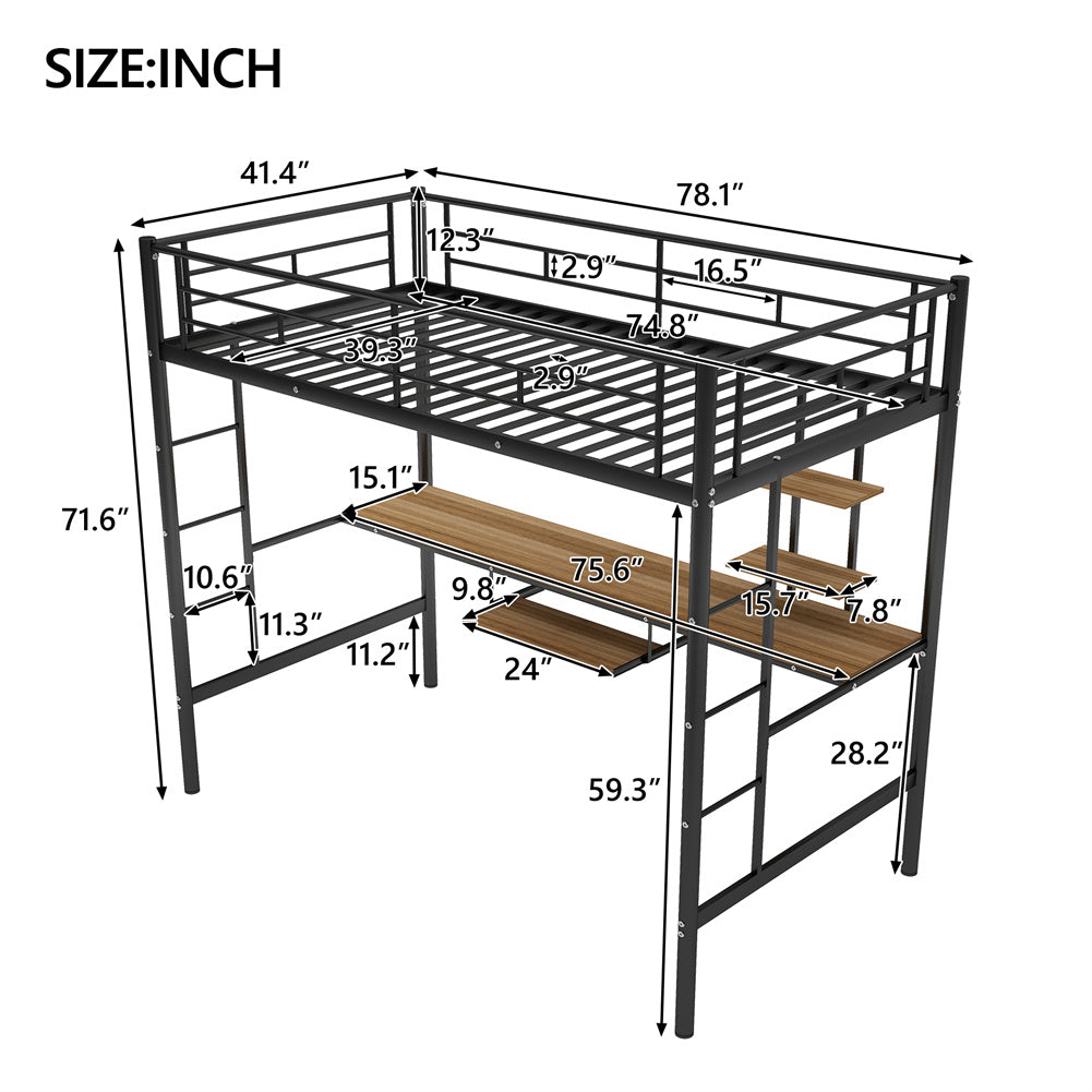 Twin Metal Loft Bed and Desk and Shelves