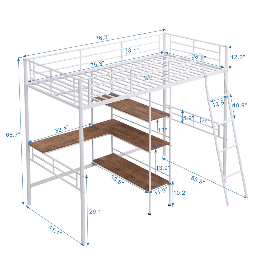 Twin Metal Loft Bed and Desk and Shelves