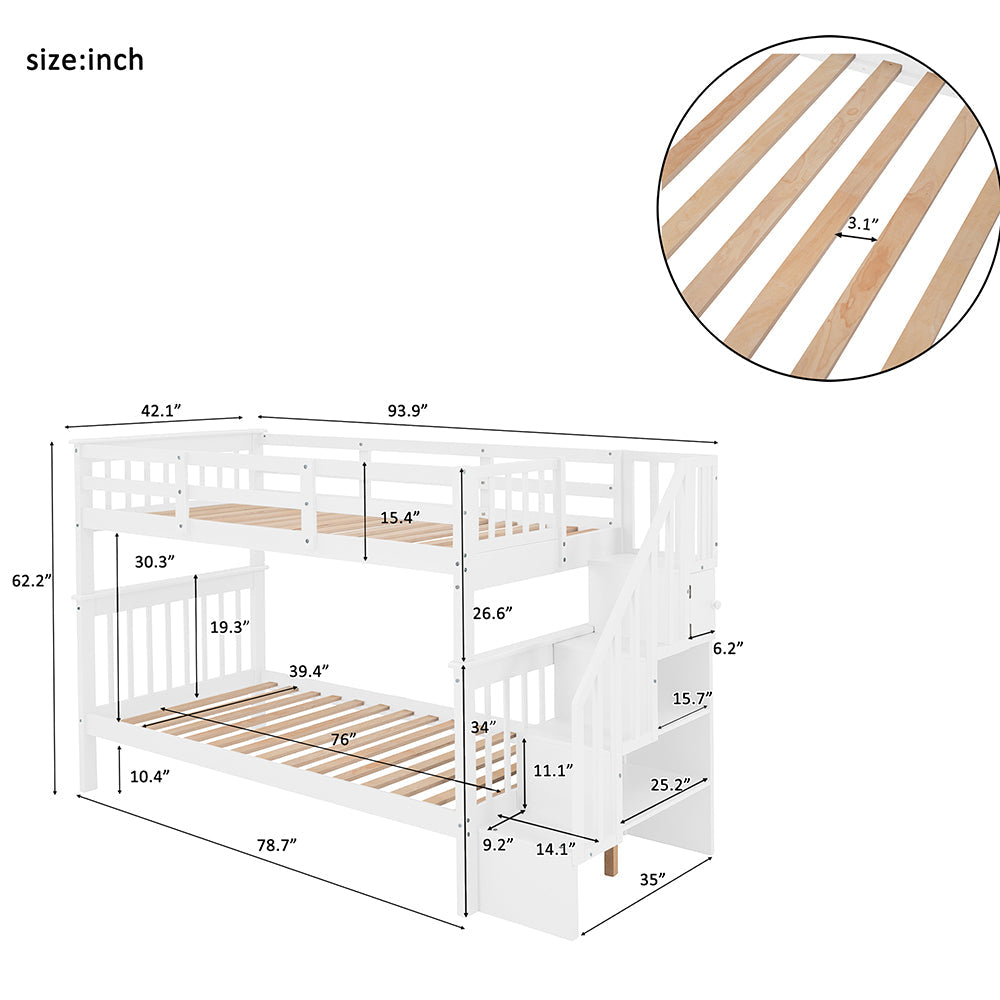 Twin over Twin Bunk Bed with Stairs and Storage