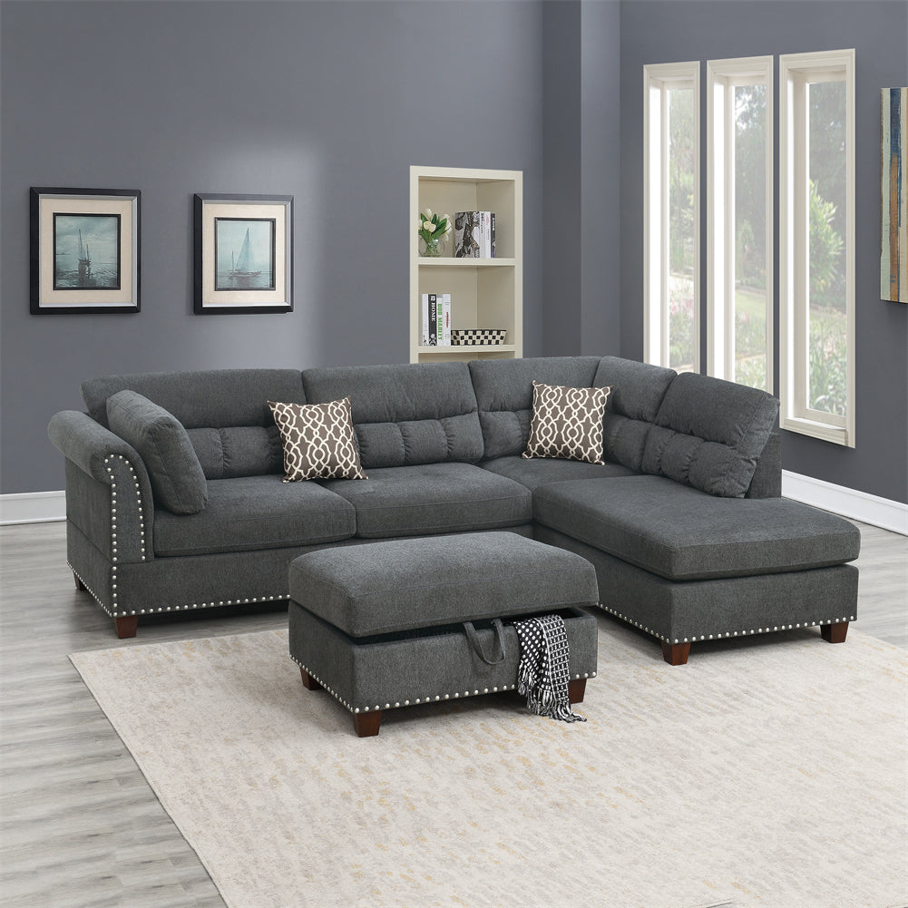 Reversible Sectional Sofa with Ottoman and Pillows