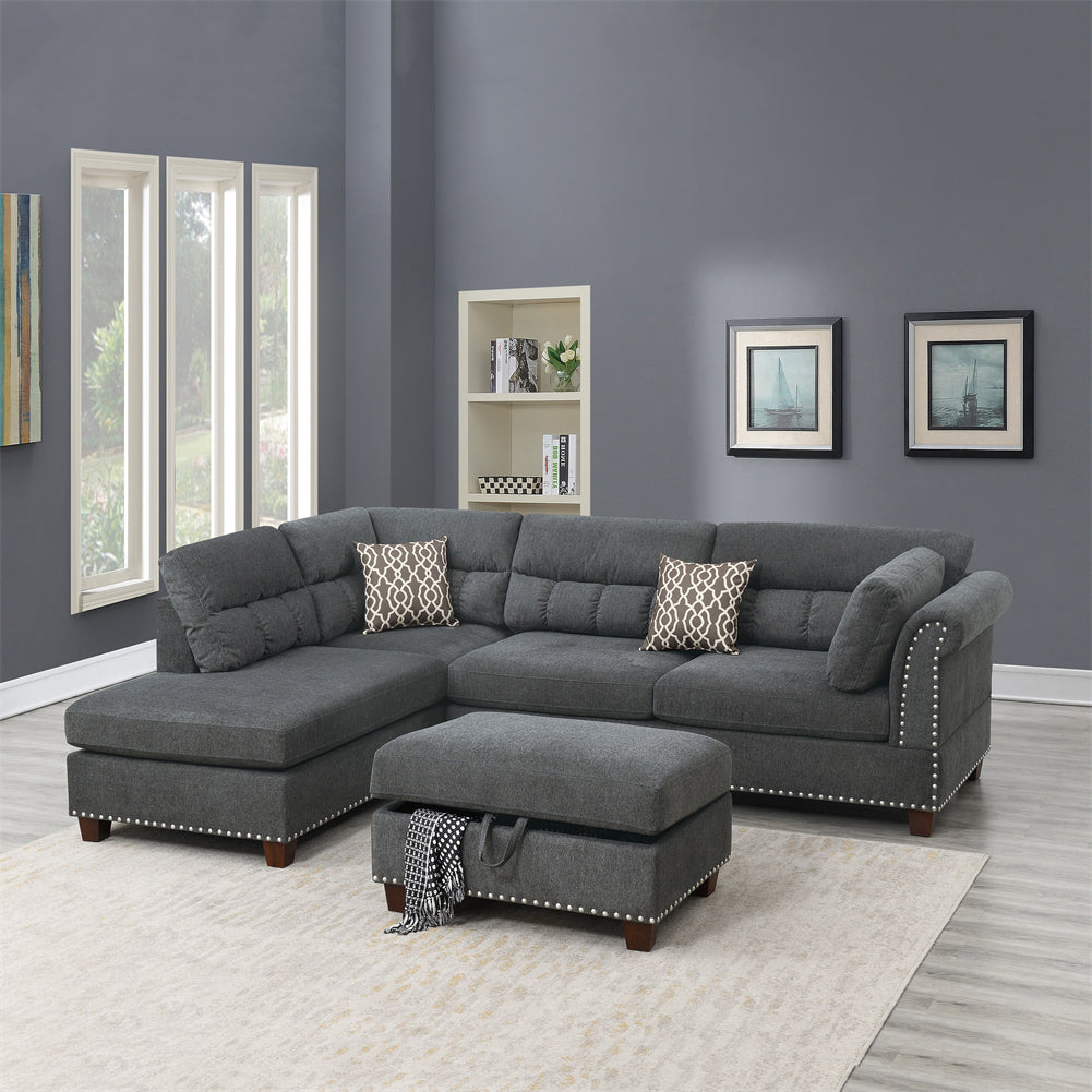 Reversible Sectional Sofa with Ottoman and Pillows