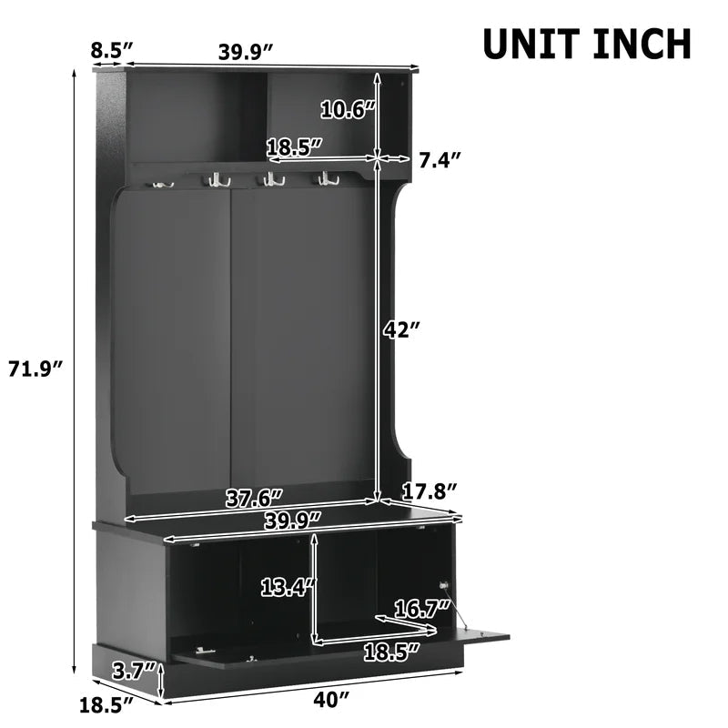 Hall Tree with 4 Hooks, Coat Hanger, Storage Bench Cabinet