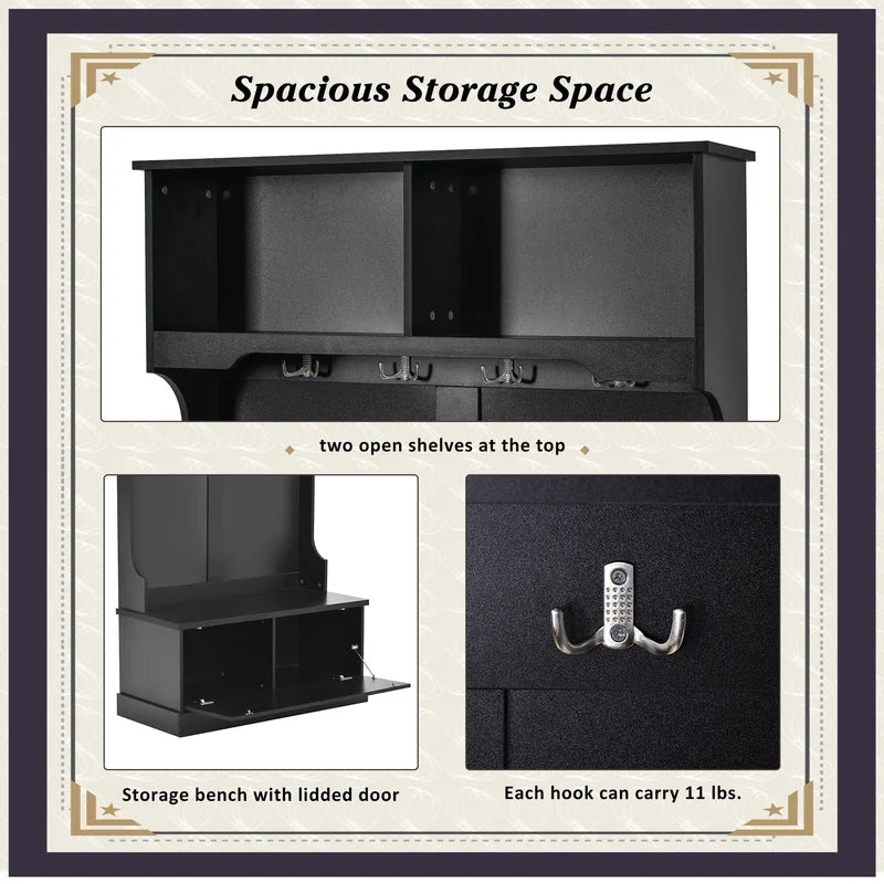 Hall Tree with 4 Hooks, Coat Hanger, Storage Bench Cabinet