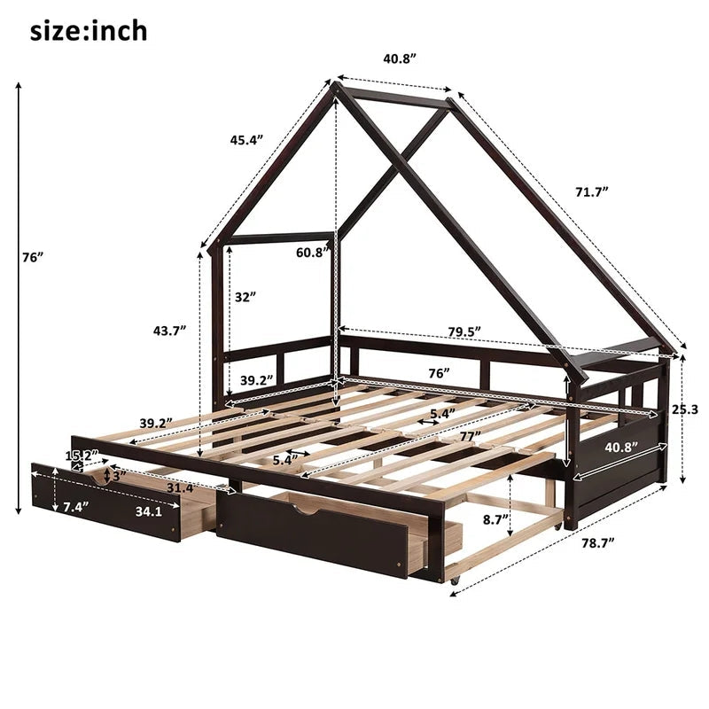 Twin Daybed Wooden House Bed, Espresso