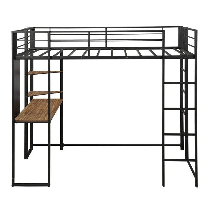 Twin Metal Loft Bed with Shelves and Built-in-Desk, Black
