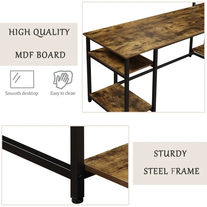 Home Office Computer Desk With 5 Tier Storage Shelves, Brown
