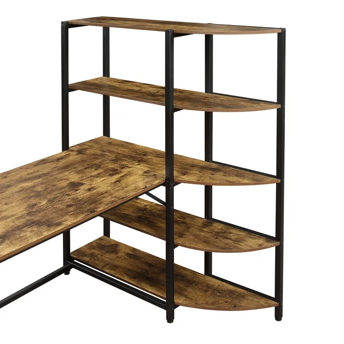 Home Office Computer Desk With 5 Tier Storage Shelves, Brown