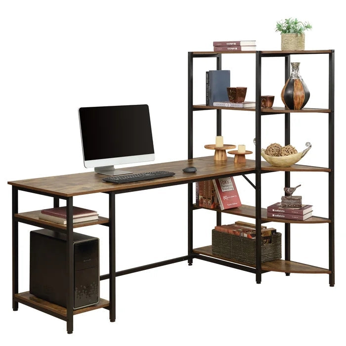 Home Office Computer Desk With 5 Tier Storage Shelves, Brown