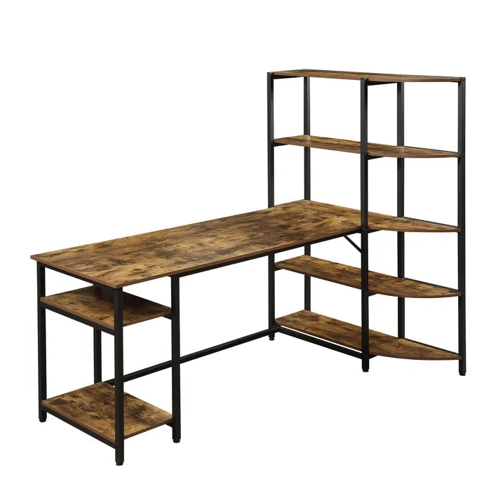 Home Office Computer Desk With 5 Tier Storage Shelves, Brown