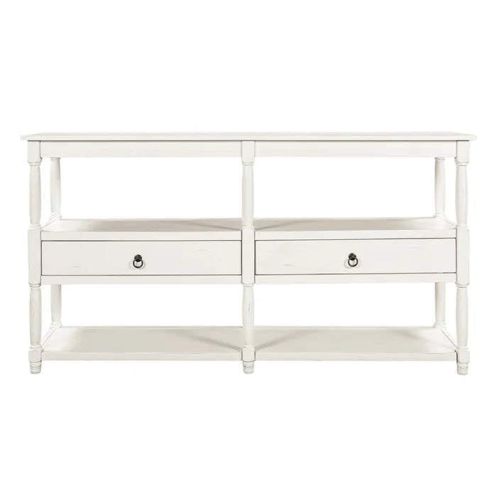 58¡° Rustic Console Table with 3-Tier Shelf and Two Drawers (Antique White)