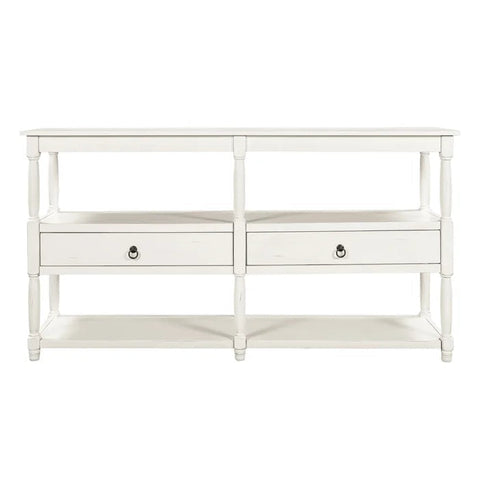58¡° Rustic Console Table with 3-Tier Shelf and Two Drawers (Antique White)