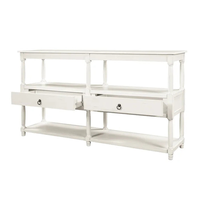 58¡° Rustic Console Table with 3-Tier Shelf and Two Drawers (Antique White)