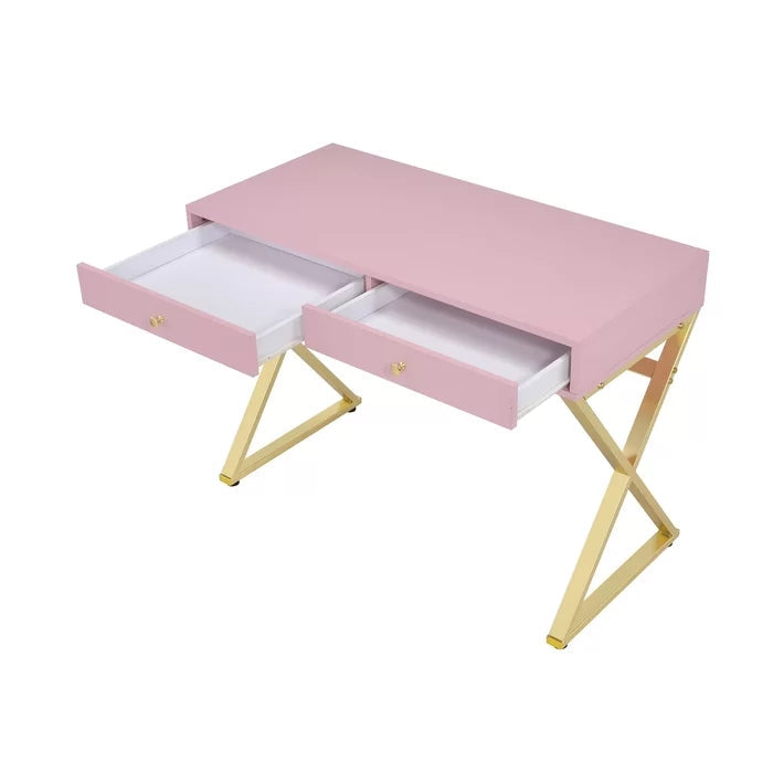 Built-In USB Port Writing Desk, Pink & Gold Finish