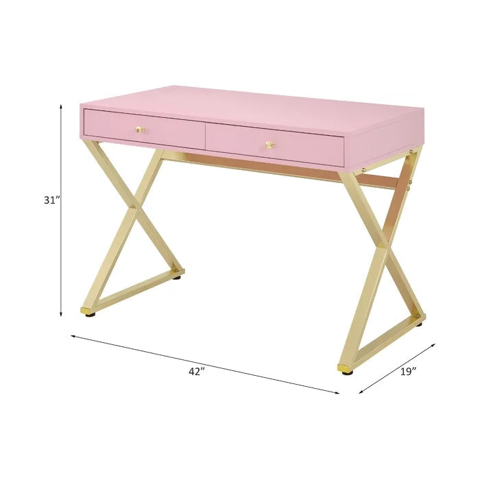 Built-In USB Port Writing Desk, Pink & Gold Finish