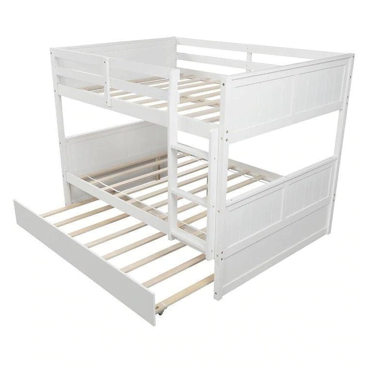 Full over Full Bunk Bed Convertible 2 Platform Beds with Trundle, White
