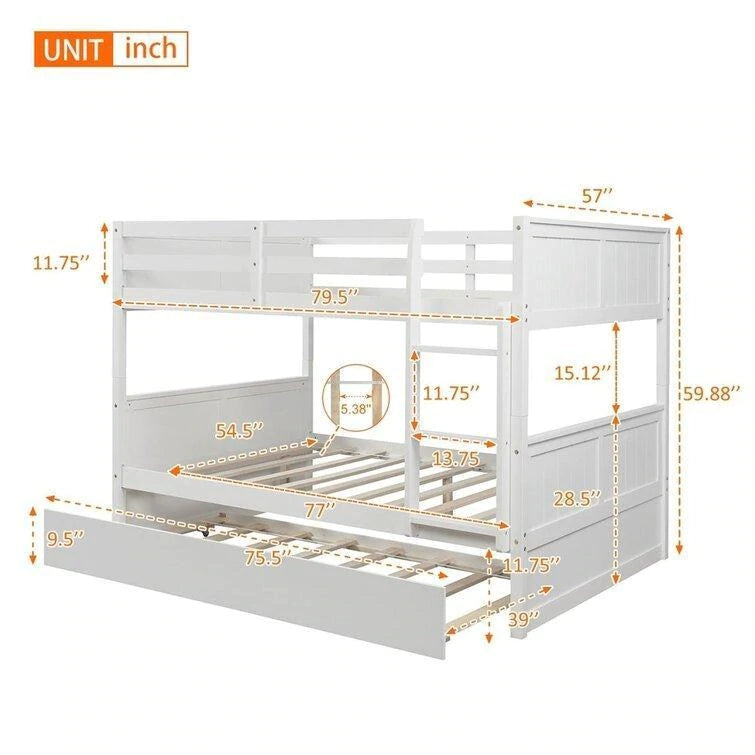 Full over Full Bunk Bed Convertible 2 Platform Beds with Trundle, White