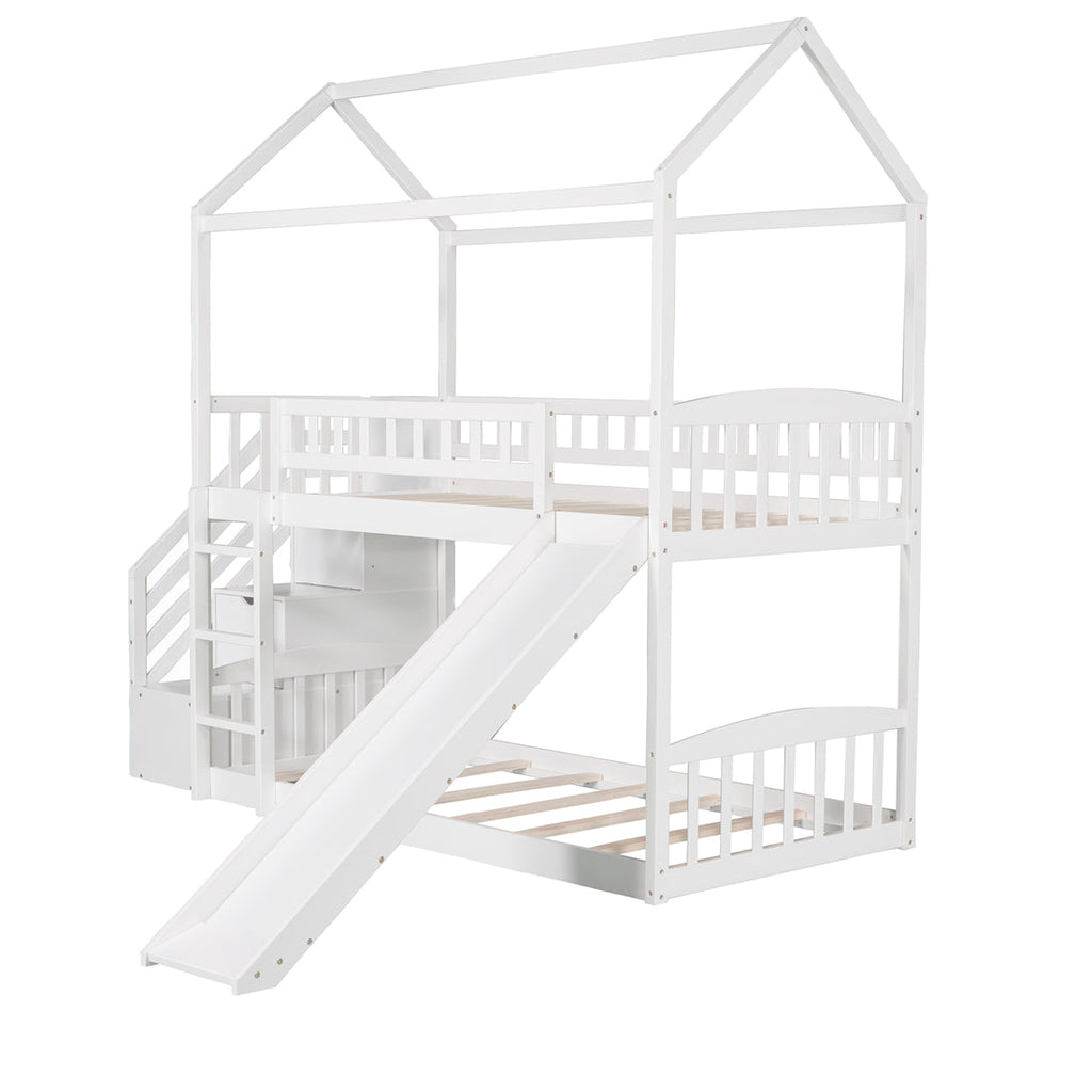 Twin over Twin House Bunk Bed with Storage Stairs and Slide