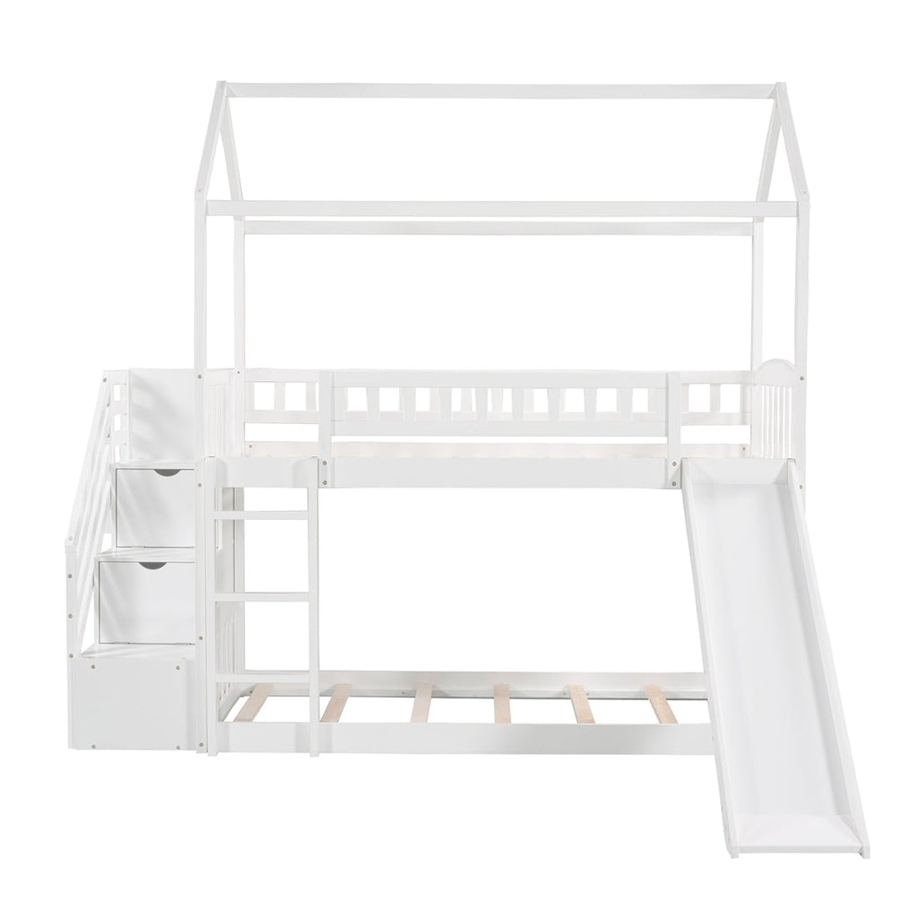 Twin over Twin House Bunk Bed with Storage Stairs and Slide