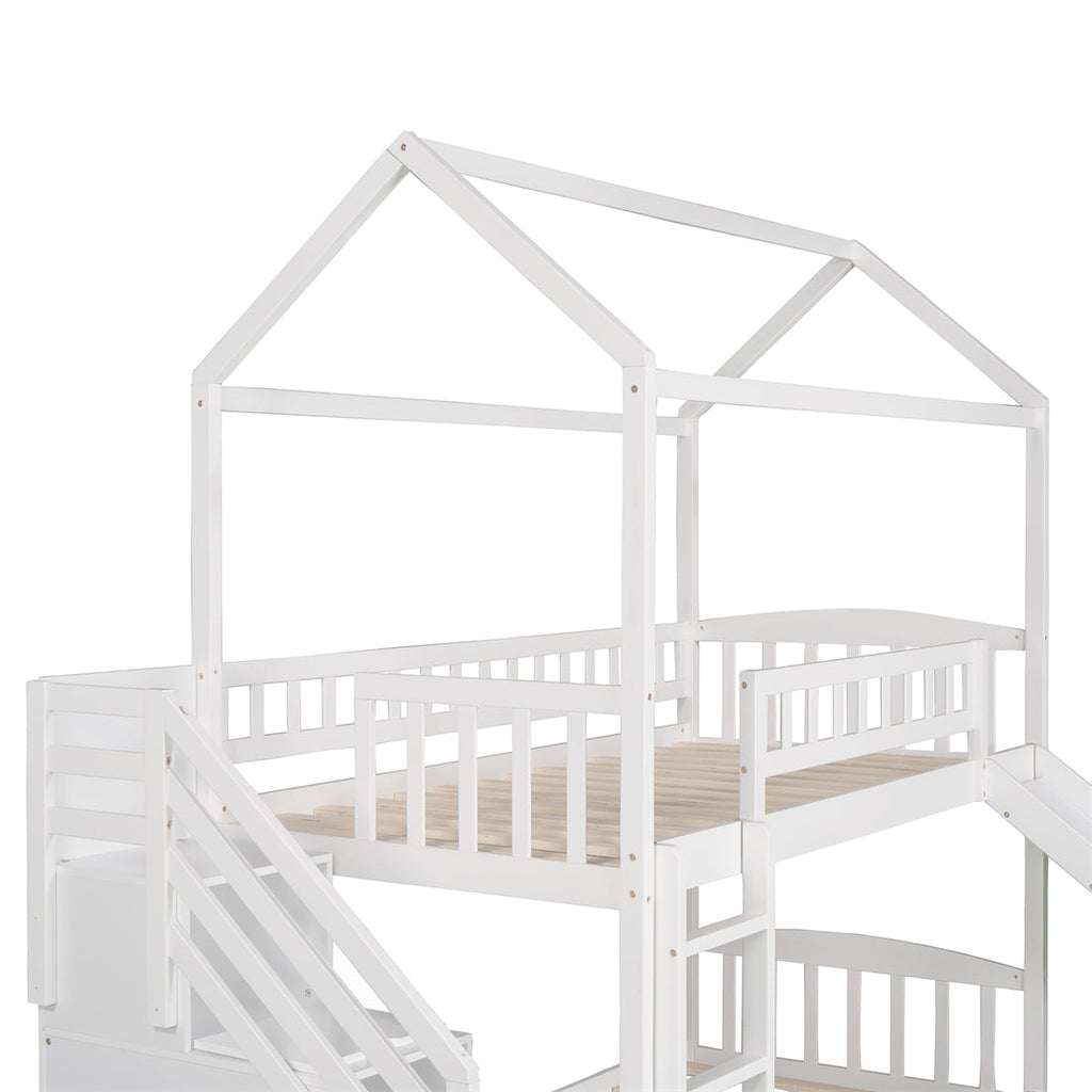 Twin over Twin House Bunk Bed with Storage Stairs and Slide